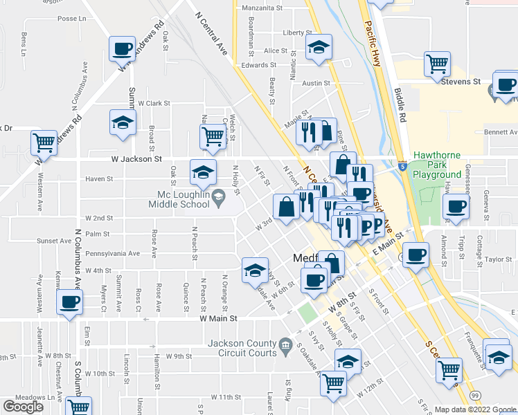 map of restaurants, bars, coffee shops, grocery stores, and more near 437 North Grape Street in Medford