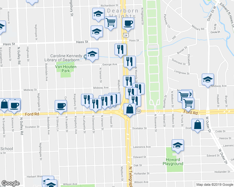 map of restaurants, bars, coffee shops, grocery stores, and more near 5729 Mayburn Street in Dearborn Heights