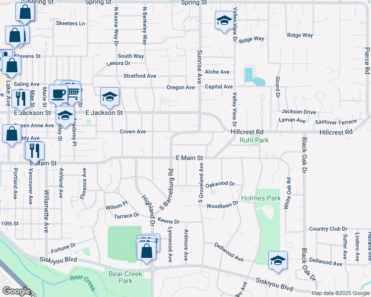 map of restaurants, bars, coffee shops, grocery stores, and more near 1917 East Main Street in Medford