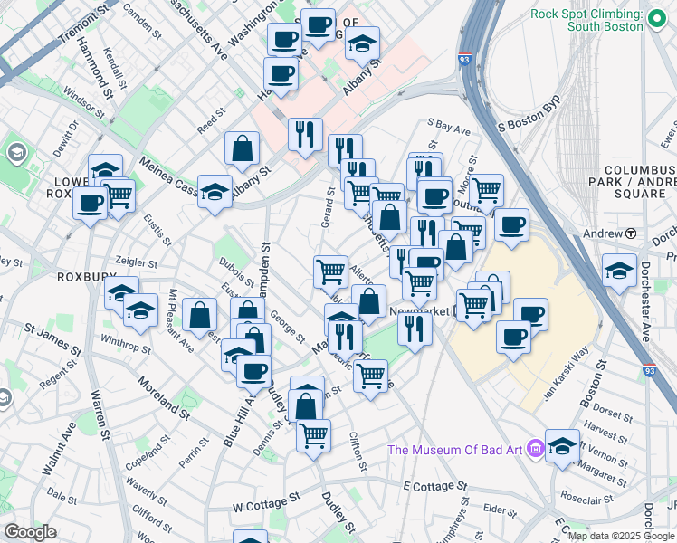 map of restaurants, bars, coffee shops, grocery stores, and more near 90 Kemble Street in Boston