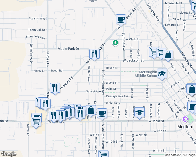 map of restaurants, bars, coffee shops, grocery stores, and more near 920 West 2nd Street in Medford