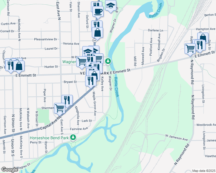 map of restaurants, bars, coffee shops, grocery stores, and more near 771 Wagner Drive in Battle Creek
