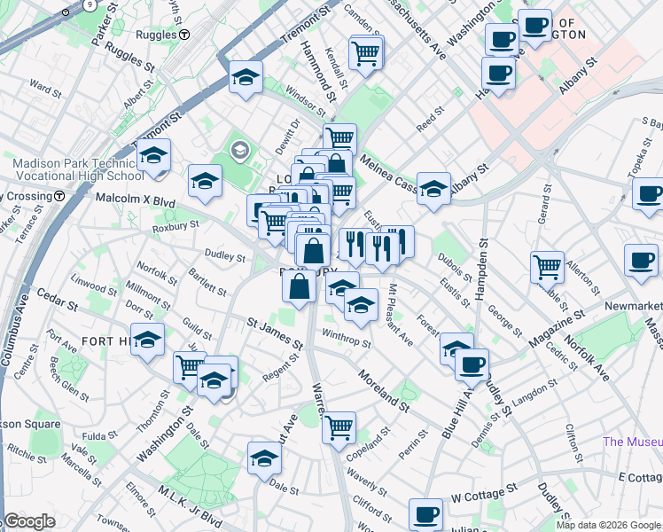 map of restaurants, bars, coffee shops, grocery stores, and more near 174 Dudley Street in Boston