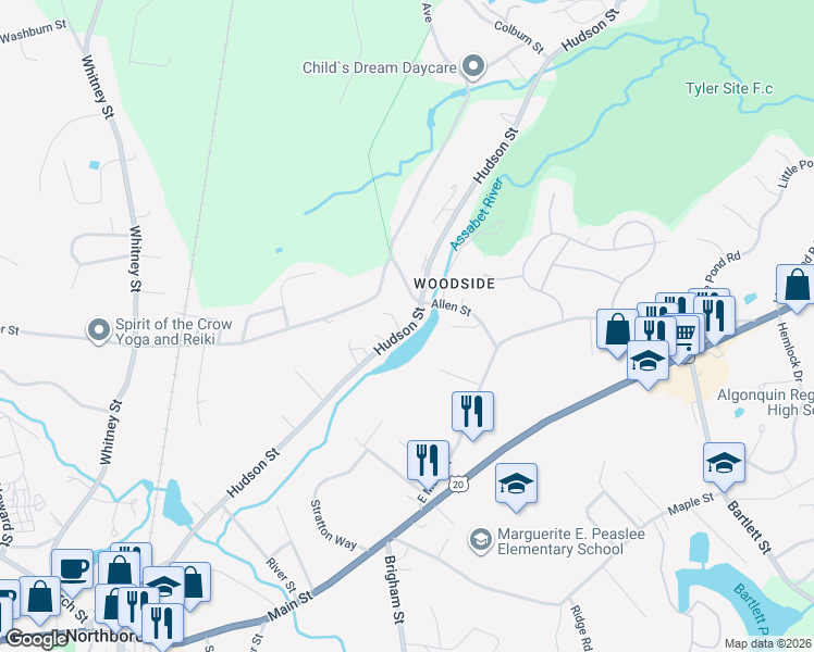 map of restaurants, bars, coffee shops, grocery stores, and more near 177A Hudson Street in Northborough