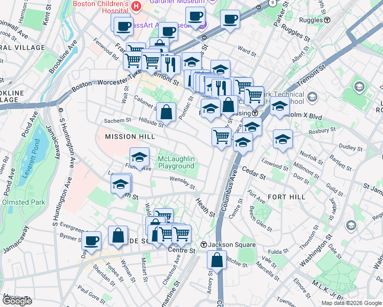 map of restaurants, bars, coffee shops, grocery stores, and more near 215 Calumet Street in Boston