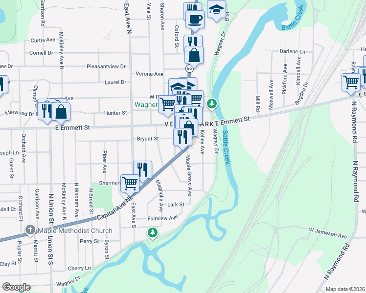 map of restaurants, bars, coffee shops, grocery stores, and more near 711 Capital Avenue Northeast in Battle Creek
