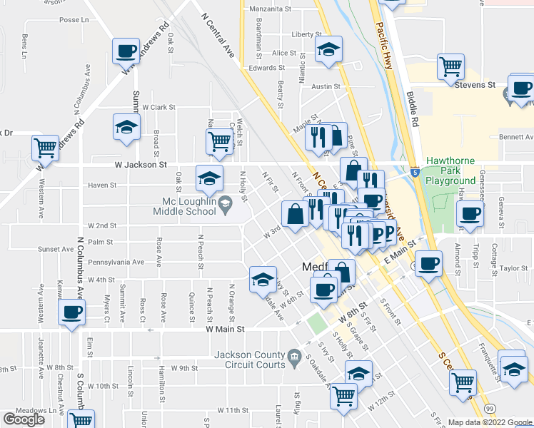map of restaurants, bars, coffee shops, grocery stores, and more near 439 North Grape Street in Medford