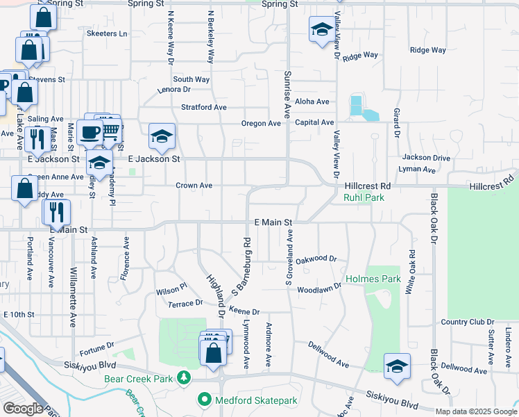 map of restaurants, bars, coffee shops, grocery stores, and more near 1914 Westerlund Drive in Medford