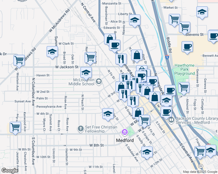 map of restaurants, bars, coffee shops, grocery stores, and more near 417 North Grape Street in Medford