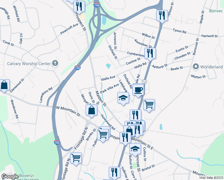 map of restaurants, bars, coffee shops, grocery stores, and more near 8 Park Villa Avenue in Worcester