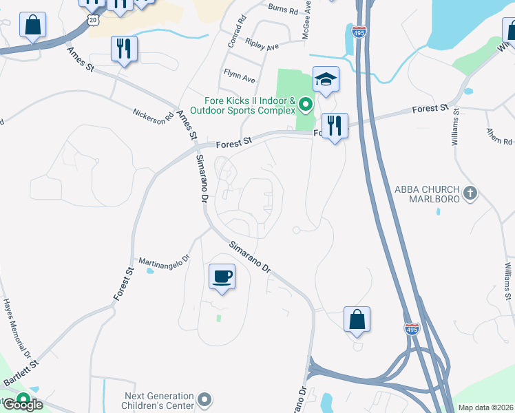 map of restaurants, bars, coffee shops, grocery stores, and more near 5116 Timberview Way in Marlborough