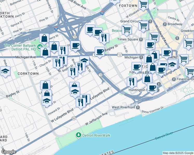 map of restaurants, bars, coffee shops, grocery stores, and more near 1200 Sixth Street in Detroit