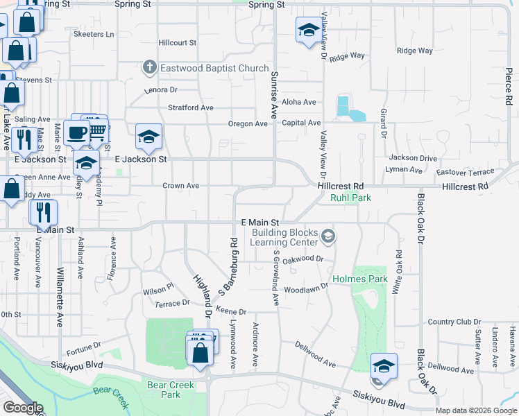 map of restaurants, bars, coffee shops, grocery stores, and more near 1917 East Main Street in Medford