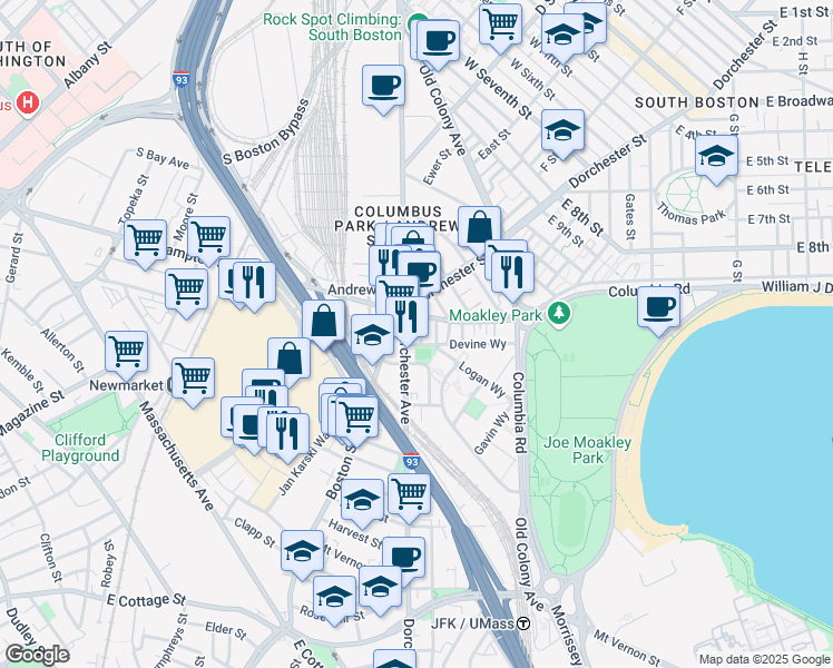 map of restaurants, bars, coffee shops, grocery stores, and more near 626 Dorchester Avenue in Boston