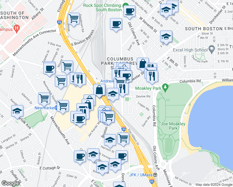 map of restaurants, bars, coffee shops, grocery stores, and more near 27-33 Boston Street in Boston