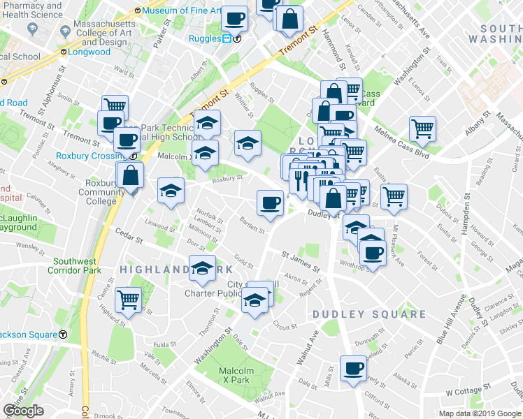 map of restaurants, bars, coffee shops, grocery stores, and more near 28 - 30 Kenilworth Street in Boston