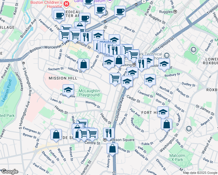 map of restaurants, bars, coffee shops, grocery stores, and more near 111 Terrace Street in Boston