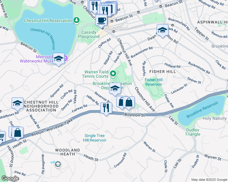 map of restaurants, bars, coffee shops, grocery stores, and more near 57 Ackers Avenue in Brookline