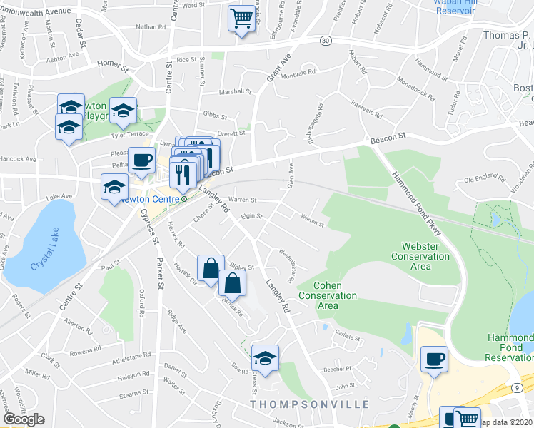 map of restaurants, bars, coffee shops, grocery stores, and more near 88 Glen Avenue in Newton