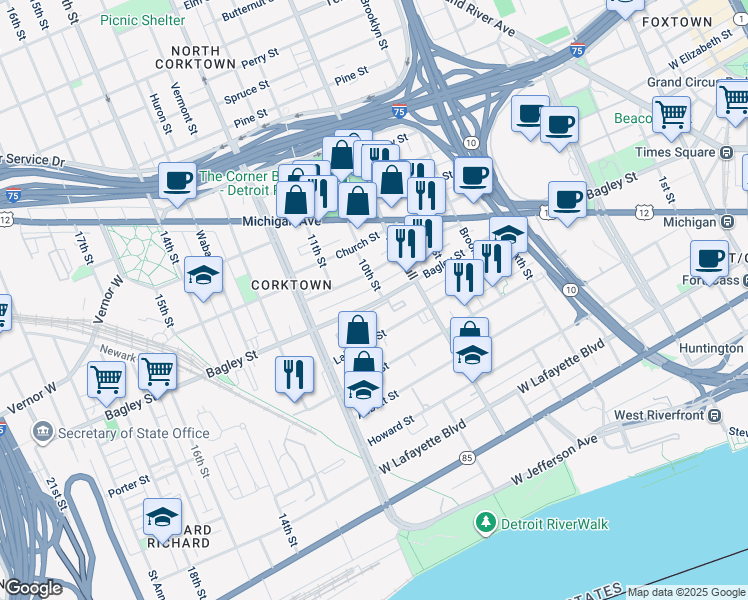 map of restaurants, bars, coffee shops, grocery stores, and more near 1608 Bagley Street in Detroit