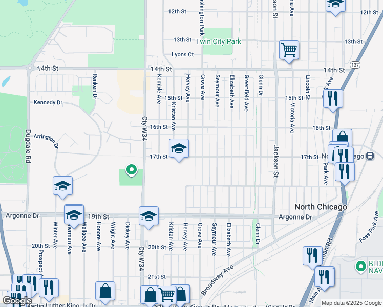 map of restaurants, bars, coffee shops, grocery stores, and more near 1616 17th Street in North Chicago