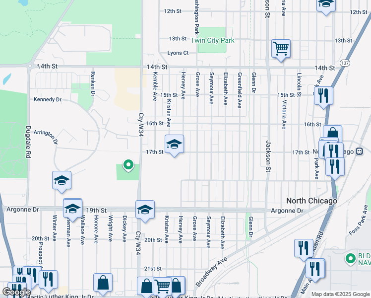 map of restaurants, bars, coffee shops, grocery stores, and more near 1616 17th Street in North Chicago