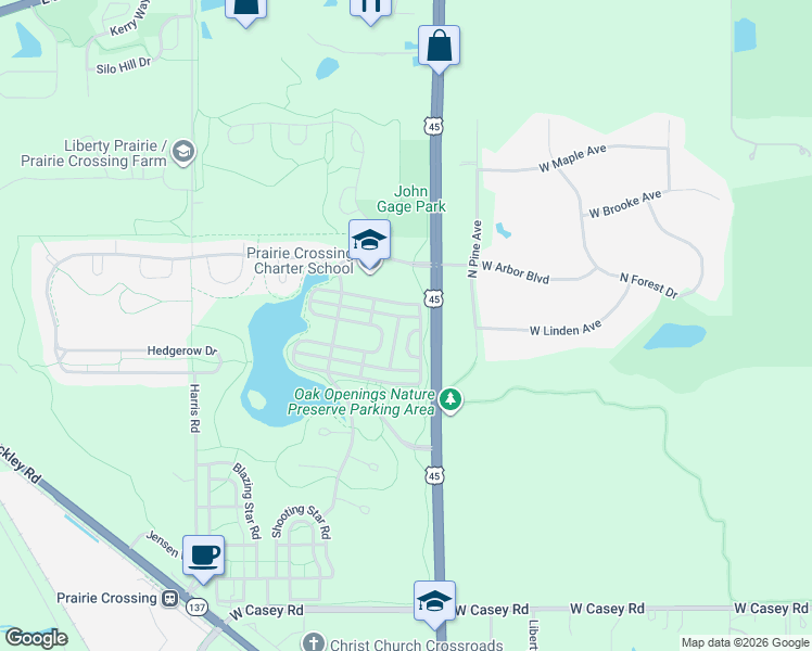 map of restaurants, bars, coffee shops, grocery stores, and more near 1574 Portia Road in Grayslake