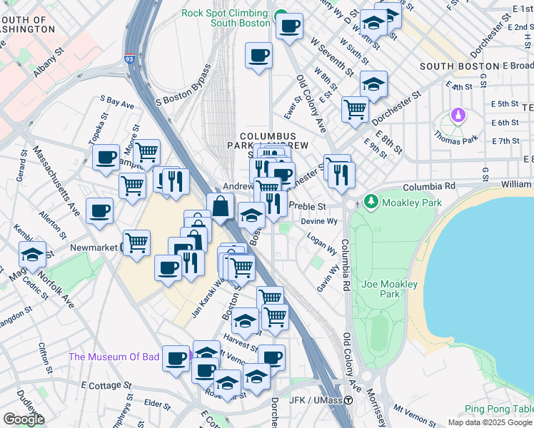 map of restaurants, bars, coffee shops, grocery stores, and more near 27-33 Boston Street in Boston