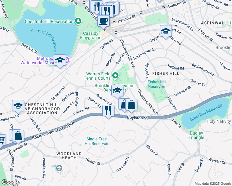 map of restaurants, bars, coffee shops, grocery stores, and more near 57 Ackers Avenue in Brookline