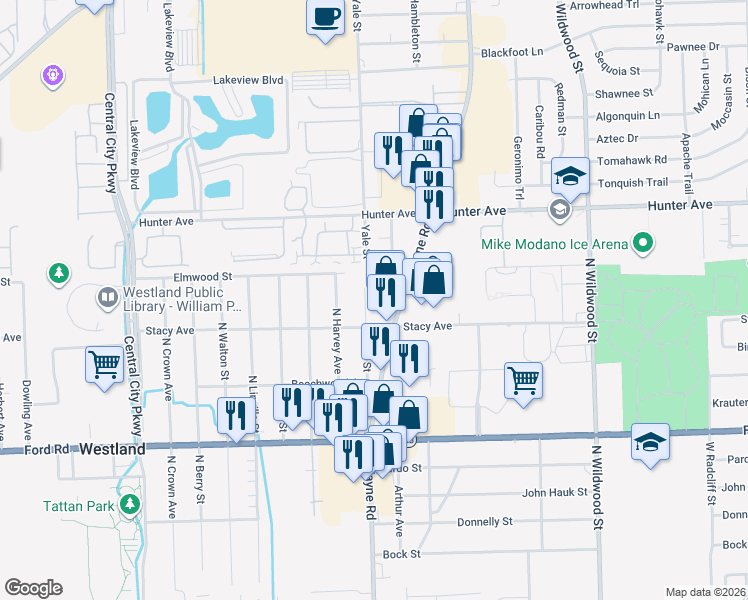 map of restaurants, bars, coffee shops, grocery stores, and more near 6051 Yale Street in Westland