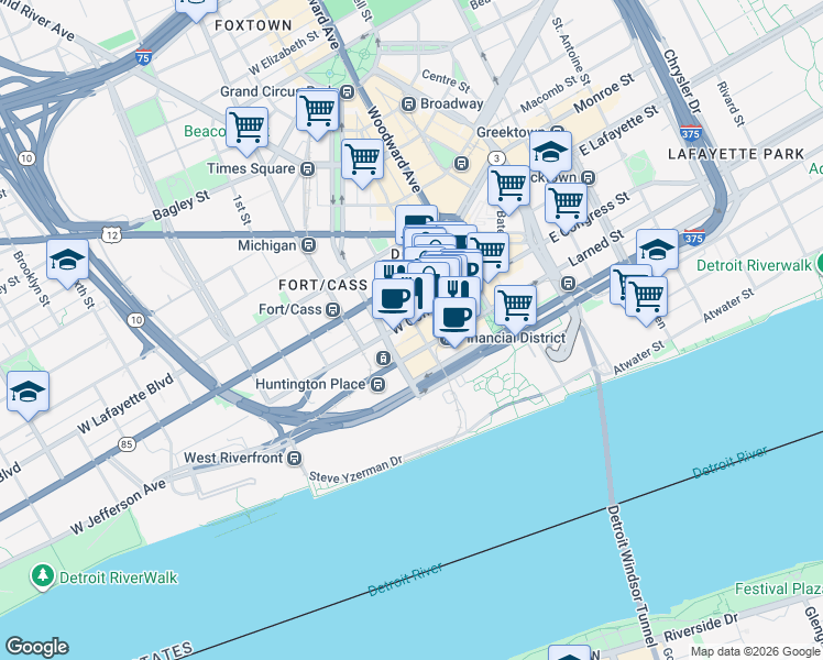 map of restaurants, bars, coffee shops, grocery stores, and more near 202 West Larned Street in Detroit