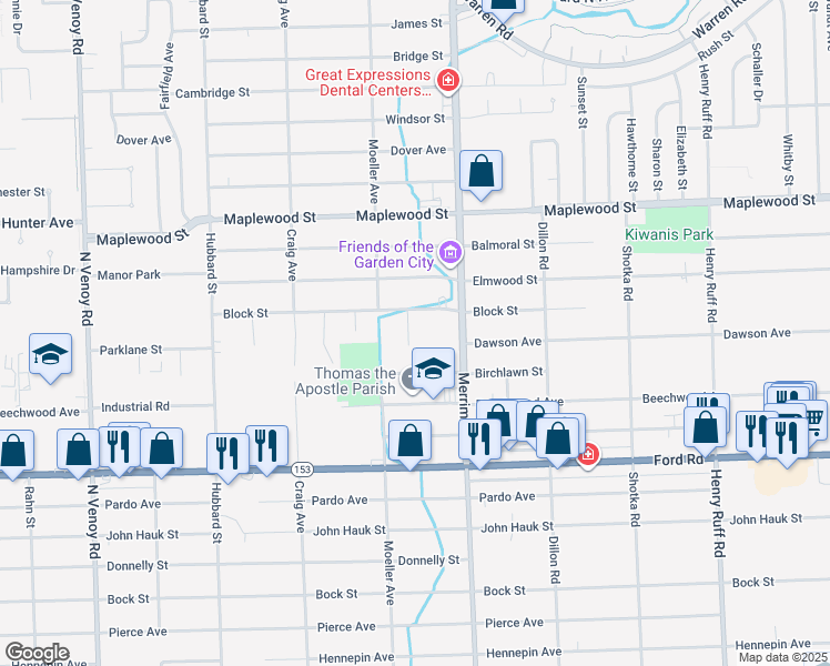 map of restaurants, bars, coffee shops, grocery stores, and more near 6015 Merriman Road in Garden City