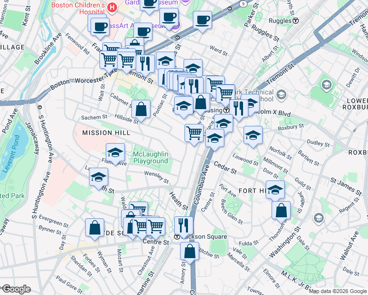 map of restaurants, bars, coffee shops, grocery stores, and more near 111 Terrace Street in Boston