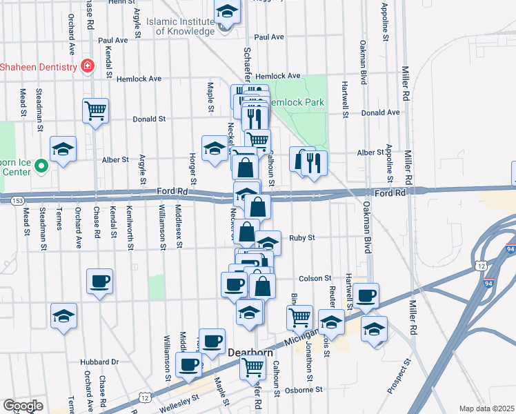map of restaurants, bars, coffee shops, grocery stores, and more near 5493 Schaefer Road in Dearborn