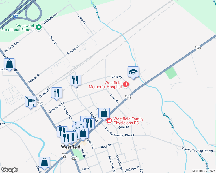 map of restaurants, bars, coffee shops, grocery stores, and more near 22 Colburn Street in Westfield