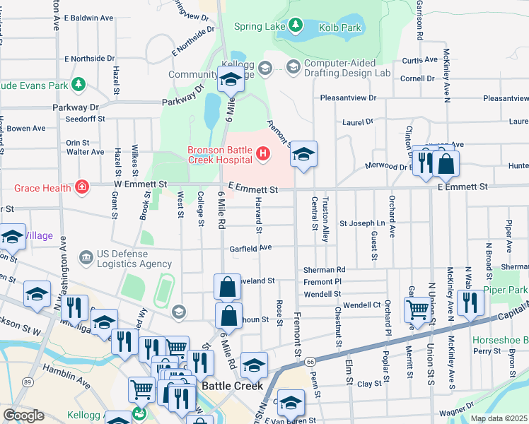 map of restaurants, bars, coffee shops, grocery stores, and more near 63 Latta Street in Battle Creek