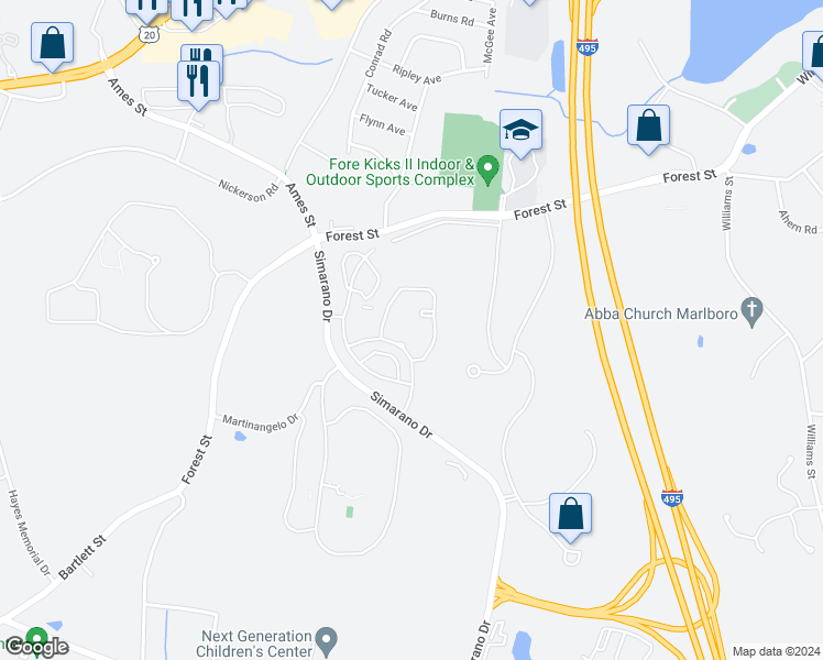 map of restaurants, bars, coffee shops, grocery stores, and more near 5218 Timberview Way in Marlborough