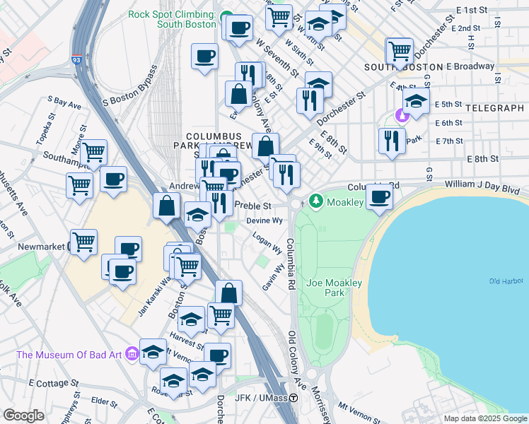 map of restaurants, bars, coffee shops, grocery stores, and more near 3 McDonough Way in Boston