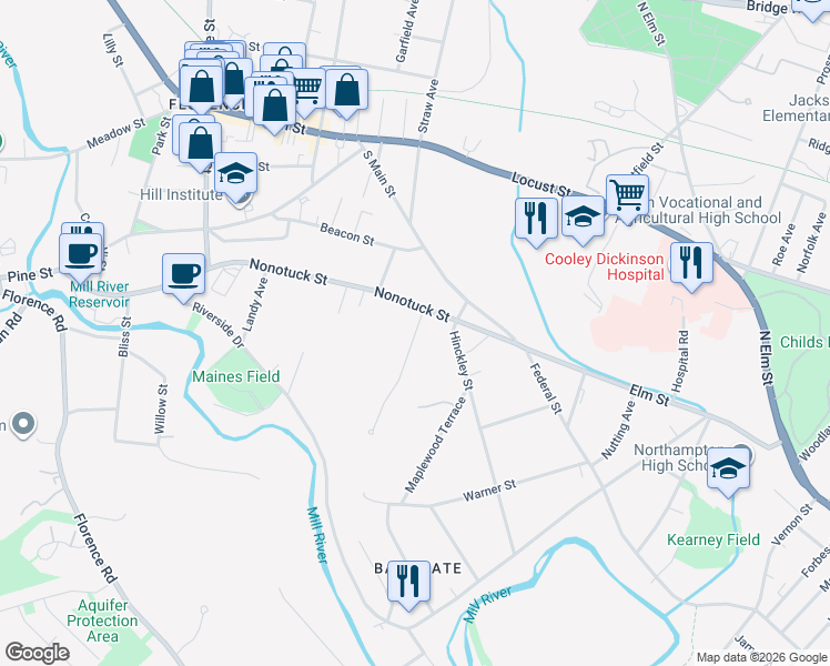 map of restaurants, bars, coffee shops, grocery stores, and more near 43 Baker Hill Road in Northampton