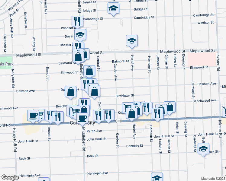 map of restaurants, bars, coffee shops, grocery stores, and more near 28914 Birchlawn Street in Garden City