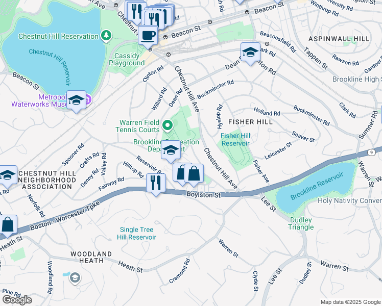 map of restaurants, bars, coffee shops, grocery stores, and more near 29 Loveland Road in Brookline