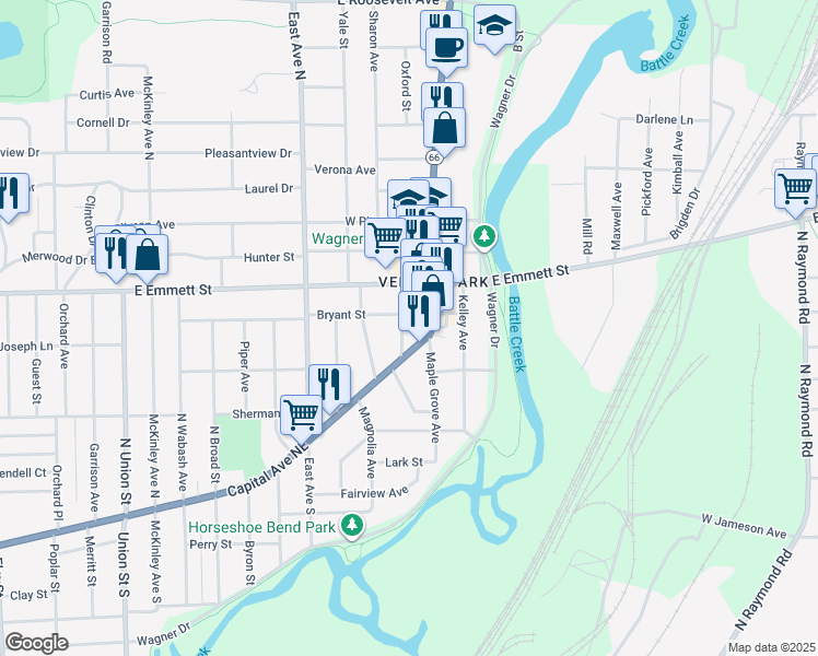 map of restaurants, bars, coffee shops, grocery stores, and more near 711 Capital Avenue Northeast in Battle Creek