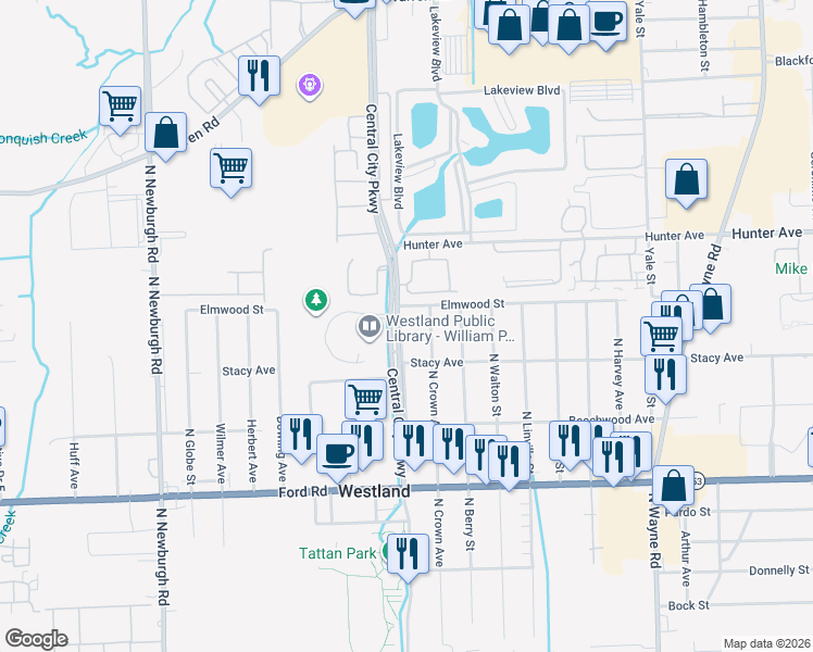 map of restaurants, bars, coffee shops, grocery stores, and more near 6065 North Crown Street in Westland