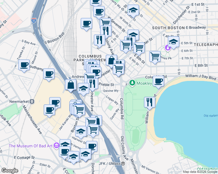 map of restaurants, bars, coffee shops, grocery stores, and more near in Boston