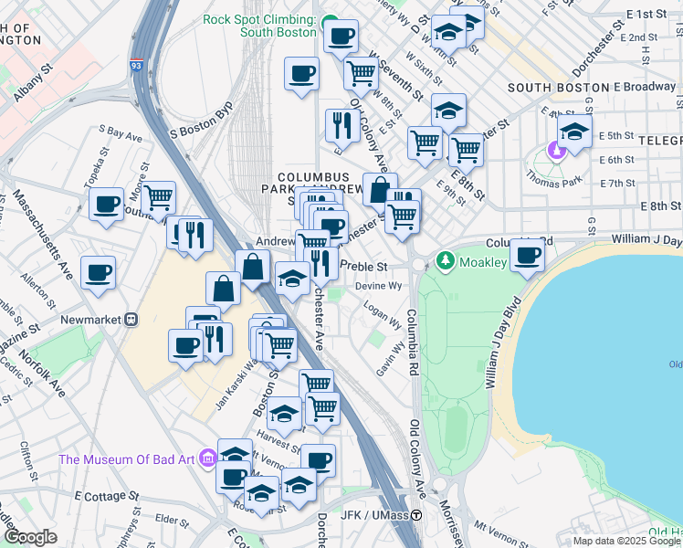 map of restaurants, bars, coffee shops, grocery stores, and more near 626 Dorchester Avenue in Boston
