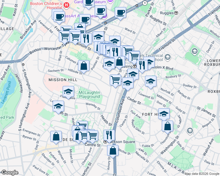 map of restaurants, bars, coffee shops, grocery stores, and more near 111 Terrace Street in Boston