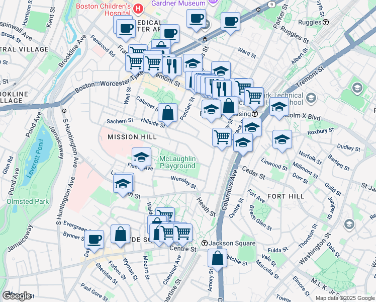map of restaurants, bars, coffee shops, grocery stores, and more near 242 Parker Hill Avenue in Boston