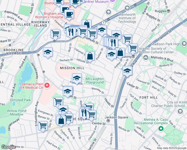 map of restaurants, bars, coffee shops, grocery stores, and more near 243 Parker Hill Avenue in Boston
