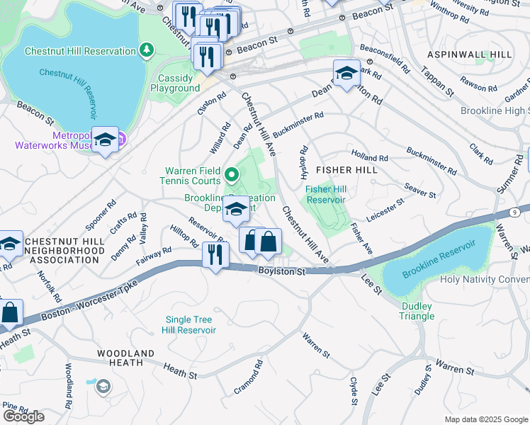 map of restaurants, bars, coffee shops, grocery stores, and more near 29 Loveland Road in Brookline