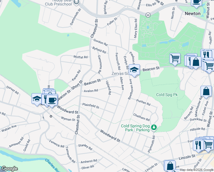 map of restaurants, bars, coffee shops, grocery stores, and more near 40 Upland Road in Newton